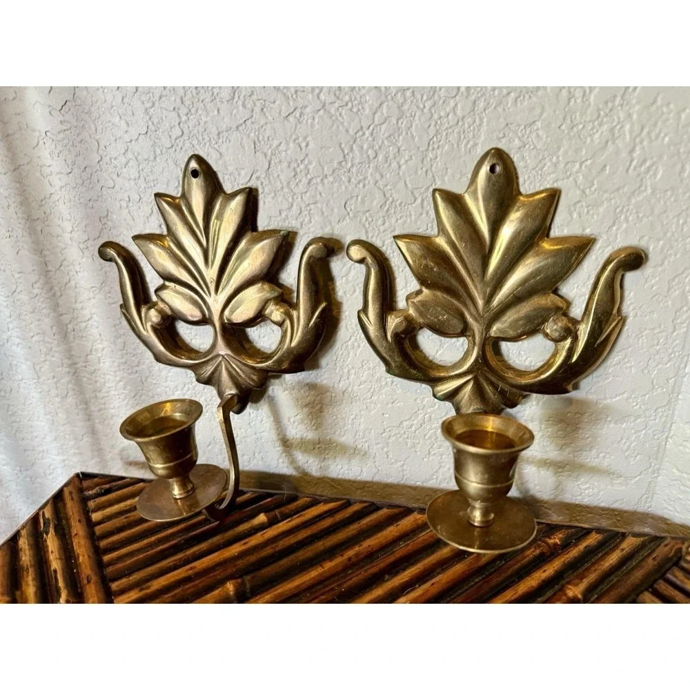 Vintage Brass Wall Sconce Single Taper Candle Holder Floral Leaf MCM Set of 2